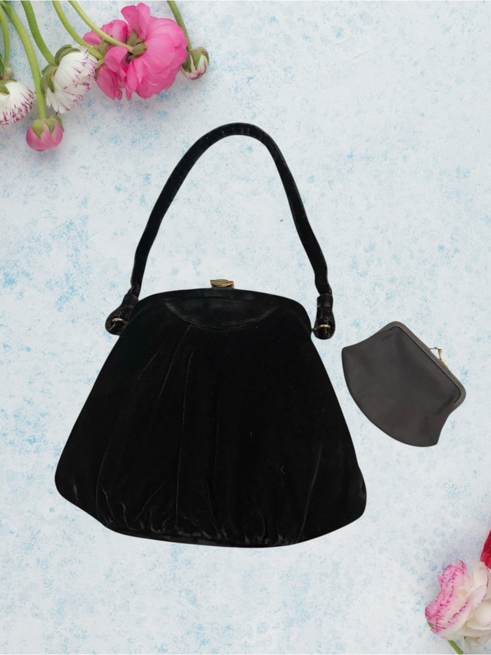 Vintage Garay Black Velvet Evening Clutch with Matching Coin Purse